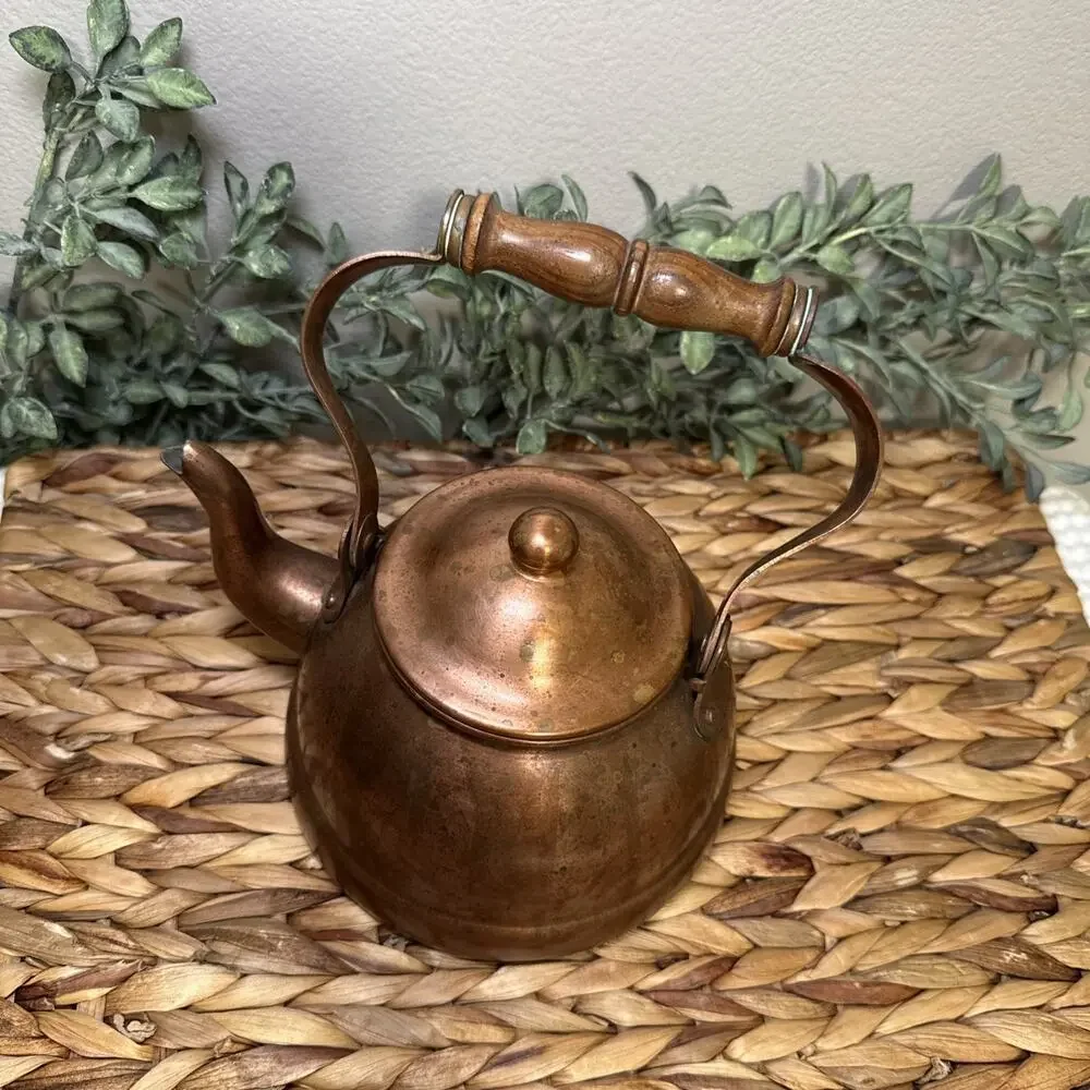 B&M Portugal Copper Tea Kettle Wood Handle Lidded Tin Lined 7” Farmhouse Vtg